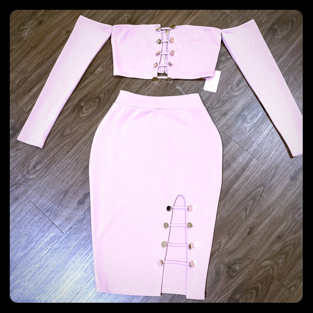 sleeve two piece split skirt and crop top.